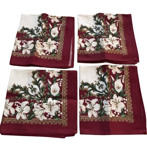 Retro 1980’s cloth napkins set of 4 in burgundy red & white lily brocade finish - Picture 3 of 7